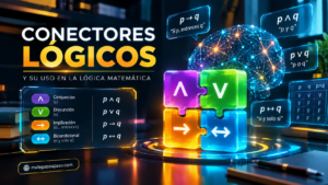 Conectores lógicos, con los símbolos de conjunción, disyunción, implicación y bicondicional representados mediante piezas holográficas de colores, tablas de verdad y expresiones matemáticas, en un entorno tecnológico con iluminación azul, dorada, verde y violeta.