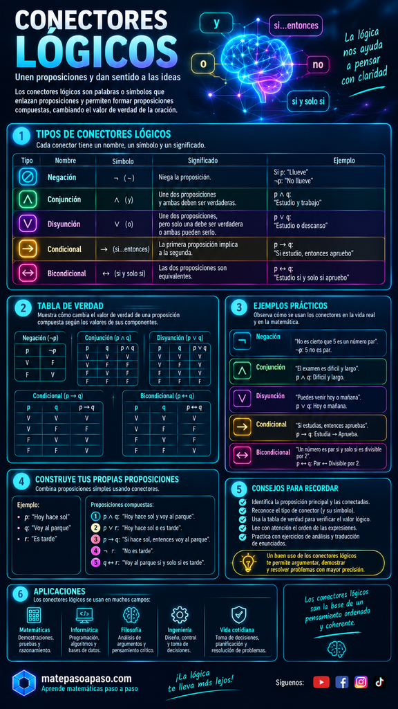 Conectores lógicos, que explica la negación, conjunción, disyunción, condicional y bicondicional mediante sus símbolos, significados y ejemplos. Incluye tablas de verdad, ejercicios para construir proposiciones compuestas, ejemplos aplicados a situaciones cotidianas y matemáticas, consejos para identificar cada conector y sus principales aplicaciones en matemáticas, informática, filosofía, ingeniería y toma de decisiones. Diseño futurista con fondo oscuro, elementos tecnológicos, gráficos luminosos y colores neón en tonos cian, azul, verde, morado, amarillo y magenta, con la marca matepasoapaso.com.