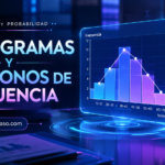 Diagramas de barras y polígonos de frecuencia, con gráficos estadísticos de barras, líneas de frecuencia, intervalos y frecuencias en una interfaz holográfica azul y violeta; incluye el sitio web matepasoapaso.com.