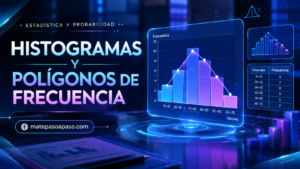 Diagramas de barras y polígonos de frecuencia, con gráficos estadísticos de barras, líneas de frecuencia, intervalos y frecuencias en una interfaz holográfica azul y violeta; incluye el sitio web matepasoapaso.com.