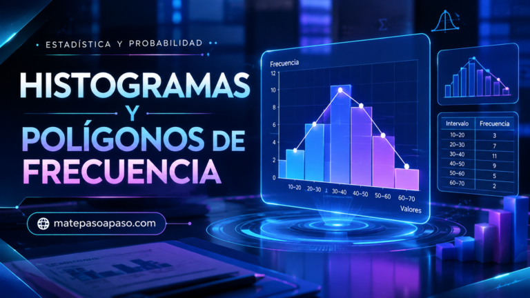Diagramas de barras y polígonos de frecuencia, con gráficos estadísticos de barras, líneas de frecuencia, intervalos y frecuencias en una interfaz holográfica azul y violeta; incluye el sitio web matepasoapaso.com.