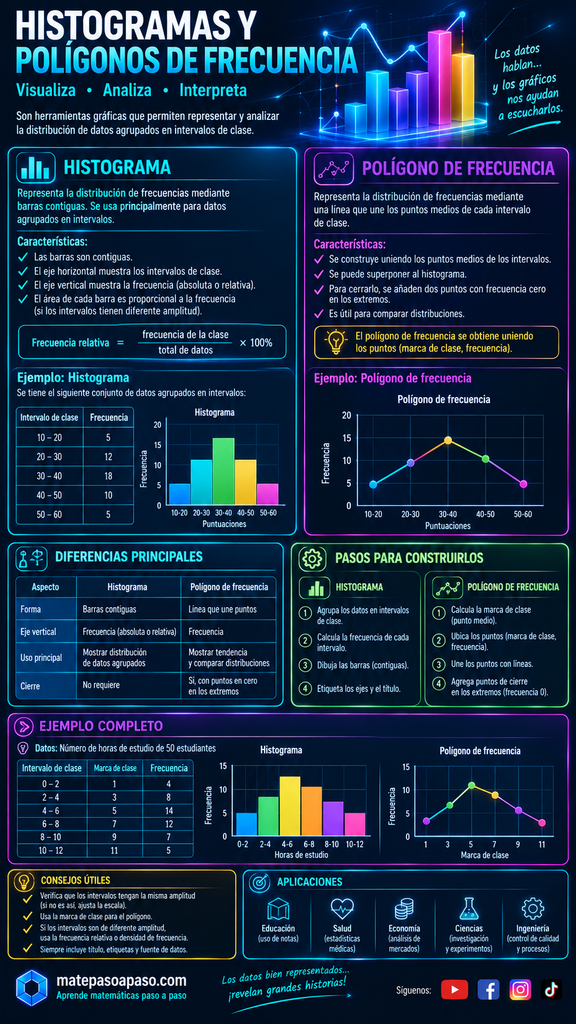 Histogramas y polígonos de frecuencia, que explica sus conceptos, características y diferencias. Incluye ejemplos con datos agrupados en intervalos de clase, representación gráfica mediante barras contiguas y líneas que unen las marcas de clase, pasos para construir cada gráfico, un ejemplo completo con horas de estudio de 50 estudiantes, consejos para interpretar los datos y aplicaciones en educación, salud, economía, ciencias e ingeniería. Presenta un diseño futurista y tecnológico con fondo oscuro, gráficos luminosos y detalles en tonos cian, azul, morado, verde, amarillo y magenta.