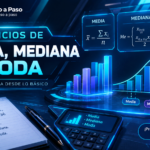 Medidas de tendencia central: ejercicios de media, mediana y moda, con fórmulas estadísticas, gráficos de barras, datos numéricos y una calculadora, en un diseño educativo de estilo tecnológico de Mate Paso a Paso.