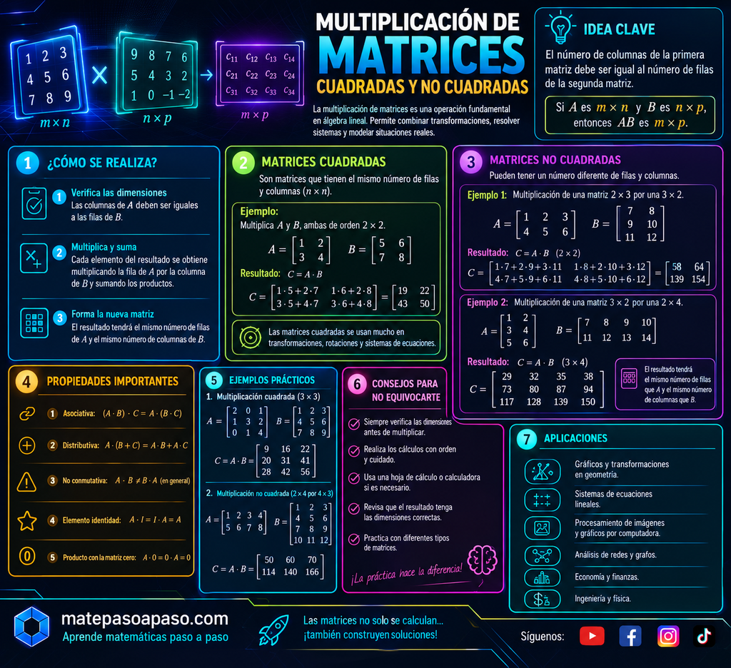 Multiplicación de matrices cuadradas y no cuadradas, que explica la condición de compatibilidad de dimensiones, el procedimiento paso a paso para multiplicar filas por columnas, ejemplos de matrices \(2\times2\), \(3\times3\) y matrices rectangulares, propiedades importantes como la asociatividad y distributividad, la no conmutatividad, consejos para evitar errores y aplicaciones en geometría, sistemas de ecuaciones, procesamiento de imágenes, economía, ingeniería y física. Diseño tecnológico con fondo oscuro y efectos neón en tonos azul, cian, verde, amarillo y magenta.