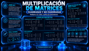 Multiplicación de matrices cuadradas y no cuadradas, con la condición de compatibilidad entre dimensiones, regla general, fórmula de multiplicación, ejemplos resueltos paso a paso y aplicaciones en economía, ingeniería, ciencia de datos, gráficos por computadora e inteligencia artificial.