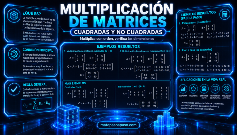 Multiplicación de matrices cuadradas y no cuadradas, con la condición de compatibilidad entre dimensiones, regla general, fórmula de multiplicación, ejemplos resueltos paso a paso y aplicaciones en economía, ingeniería, ciencia de datos, gráficos por computadora e inteligencia artificial.