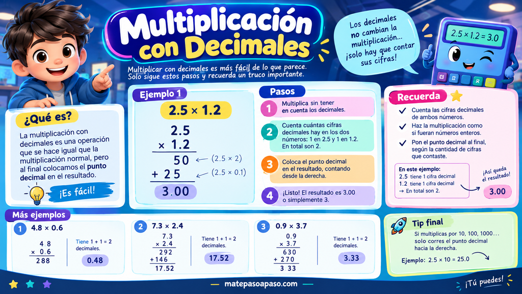 Multiplicaciones con decimales, con ejemplos paso a paso, conteo de cifras decimales y ejercicios prácticos.