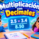Multiplicaciones con decimales, portada con dos niños aprendiendo frente a una pantalla que muestra una operación decimal, rodeados de números, símbolos matemáticos, libros y una calculadora en un aula futurista.