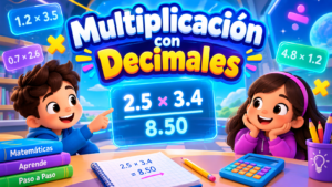 Multiplicaciones con decimales, portada con dos niños aprendiendo frente a una pantalla que muestra una operación decimal, rodeados de números, símbolos matemáticos, libros y una calculadora en un aula futurista.