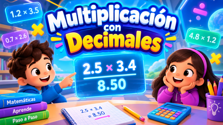 Multiplicaciones con decimales, portada con dos niños aprendiendo frente a una pantalla que muestra una operación decimal, rodeados de números, símbolos matemáticos, libros y una calculadora en un aula futurista.