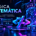 Proposiciones, cuantificadores, conectores lógicos y lenguaje simbólico, representados mediante interfaces holográficas y elementos digitales en tonos azul, cian y violeta.