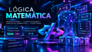 Proposiciones, cuantificadores, conectores lógicos y lenguaje simbólico, representados mediante interfaces holográficas y elementos digitales en tonos azul, cian y violeta.