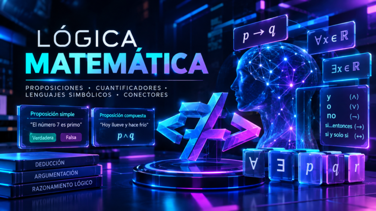 Proposiciones, cuantificadores, conectores lógicos y lenguaje simbólico, representados mediante interfaces holográficas y elementos digitales en tonos azul, cian y violeta.