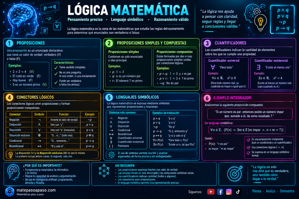 Proposiciones simples y compuestas. Presenta los principales conectores lógicos —negación, conjunción, disyunción, condicional y bicondicional— junto con sus símbolos y ejemplos. También aborda los cuantificadores universal y existencial, el uso del lenguaje simbólico para representar enunciados matemáticos y un ejemplo integrador de traducción del lenguaje cotidiano al lenguaje formal. Incluye aplicaciones de la lógica en matemáticas, informática y ciencias, con un diseño futurista de fondo oscuro, gráficos tecnológicos y efectos luminosos en tonos azul, cian, verde, amarillo y magenta.