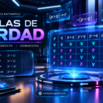Tablas de verdad, con una tabla lógica holográfica que muestra proposiciones y conectores como conjunción, disyunción, implicación y bicondicional. El diseño incorpora interfaces digitales, símbolos matemáticos, una red neuronal luminosa y efectos de neón en tonos azul, cian, violeta y magenta.