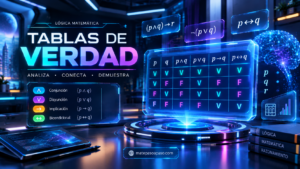 Tablas de verdad, con una tabla lógica holográfica que muestra proposiciones y conectores como conjunción, disyunción, implicación y bicondicional. El diseño incorpora interfaces digitales, símbolos matemáticos, una red neuronal luminosa y efectos de neón en tonos azul, cian, violeta y magenta.
