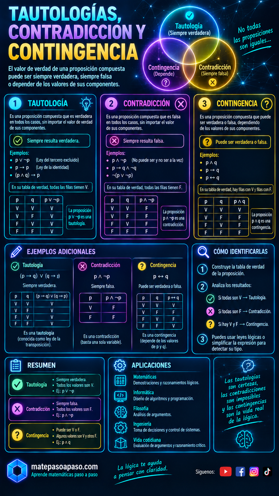 Tautología, contradicción y contingencia en lógica matemática. Explica que una tautología es siempre verdadera, una contradicción siempre falsa y una contingencia puede ser verdadera o falsa según los valores de sus proposiciones, e incluye ejemplos con fórmulas, tablas de verdad, pasos para identificar cada caso, un cuadro comparativo, aplicaciones en matemáticas, informática, filosofía e ingeniería y un resumen visual. Diseño futurista con fondo oscuro, elementos tecnológicos y efectos neón en tonos cian, azul, morado, amarillo y rosa, con la marca matepasoapaso.com.
