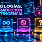 Tautología, contradicción y contingencia, con tres paneles holográficos que representan expresiones lógicas siempre verdaderas, siempre falsas y variables según sus valores de verdad, acompañados de tablas de verdad, símbolos matemáticos y efectos de neón en azul, violeta, rosa y dorado.