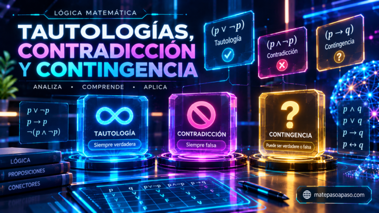 Tautología, contradicción y contingencia, con tres paneles holográficos que representan expresiones lógicas siempre verdaderas, siempre falsas y variables según sus valores de verdad, acompañados de tablas de verdad, símbolos matemáticos y efectos de neón en azul, violeta, rosa y dorado.